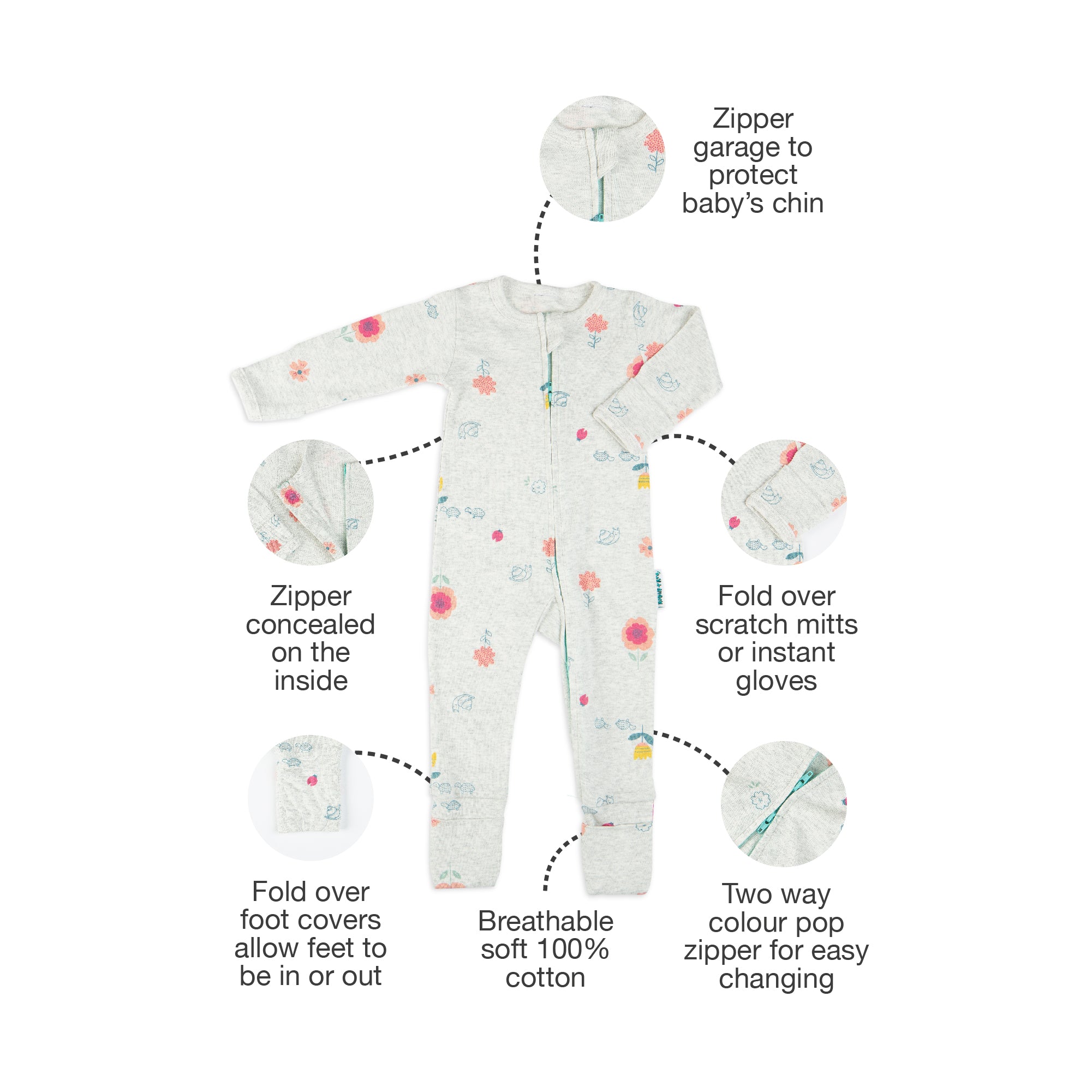 Flower Sleepsuit with Two-Way Zip